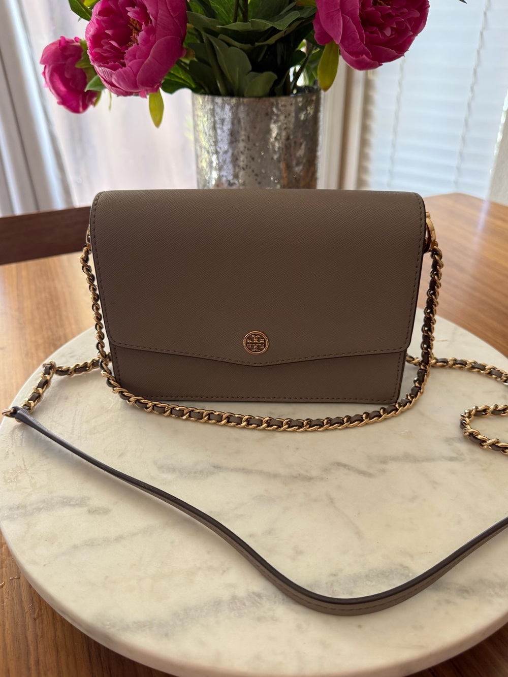 Tory Burch Taupe Leather Chain-Shoulder Crossbody